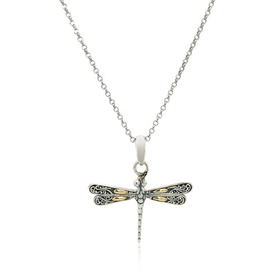 Pendentif Libellule en Or Jaune 18k et Argent Sterling