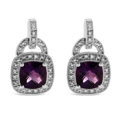 Pendientes colgantes de amatista y diamante en plata esterlina .925