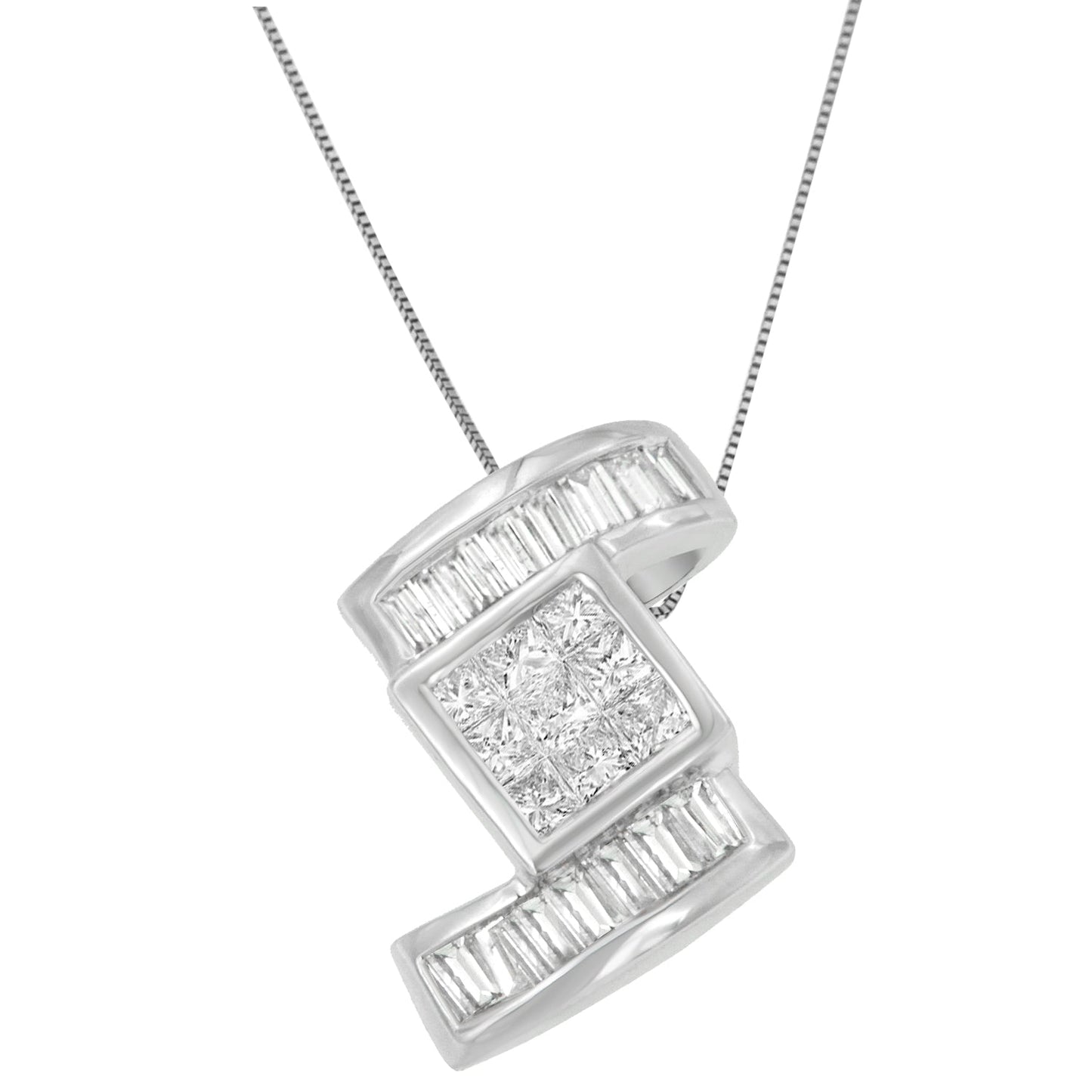 14K White Gold Diamond Zig Zag Pendant Necklace