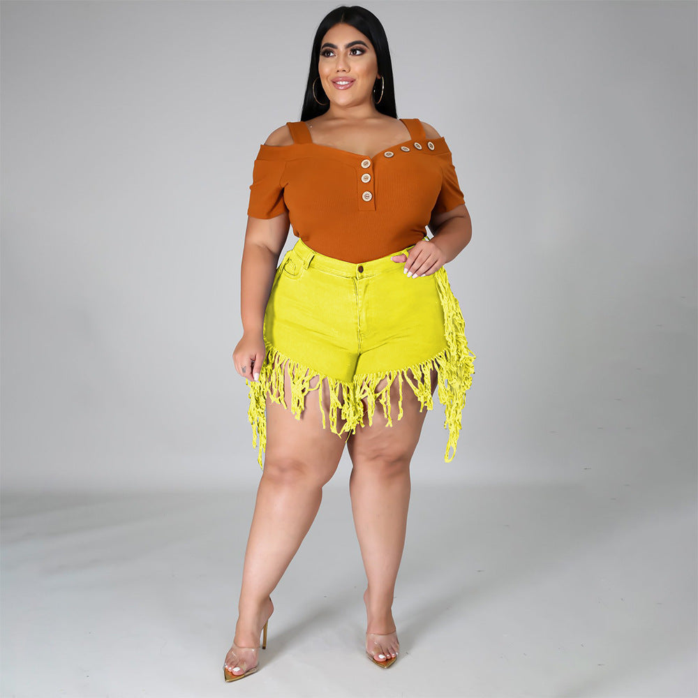 Retro High-Waisted Denim Shorts with Frayed Tassels