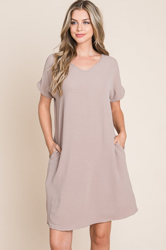 V-Neck Short Sleeve Dress with Pockets for Women
