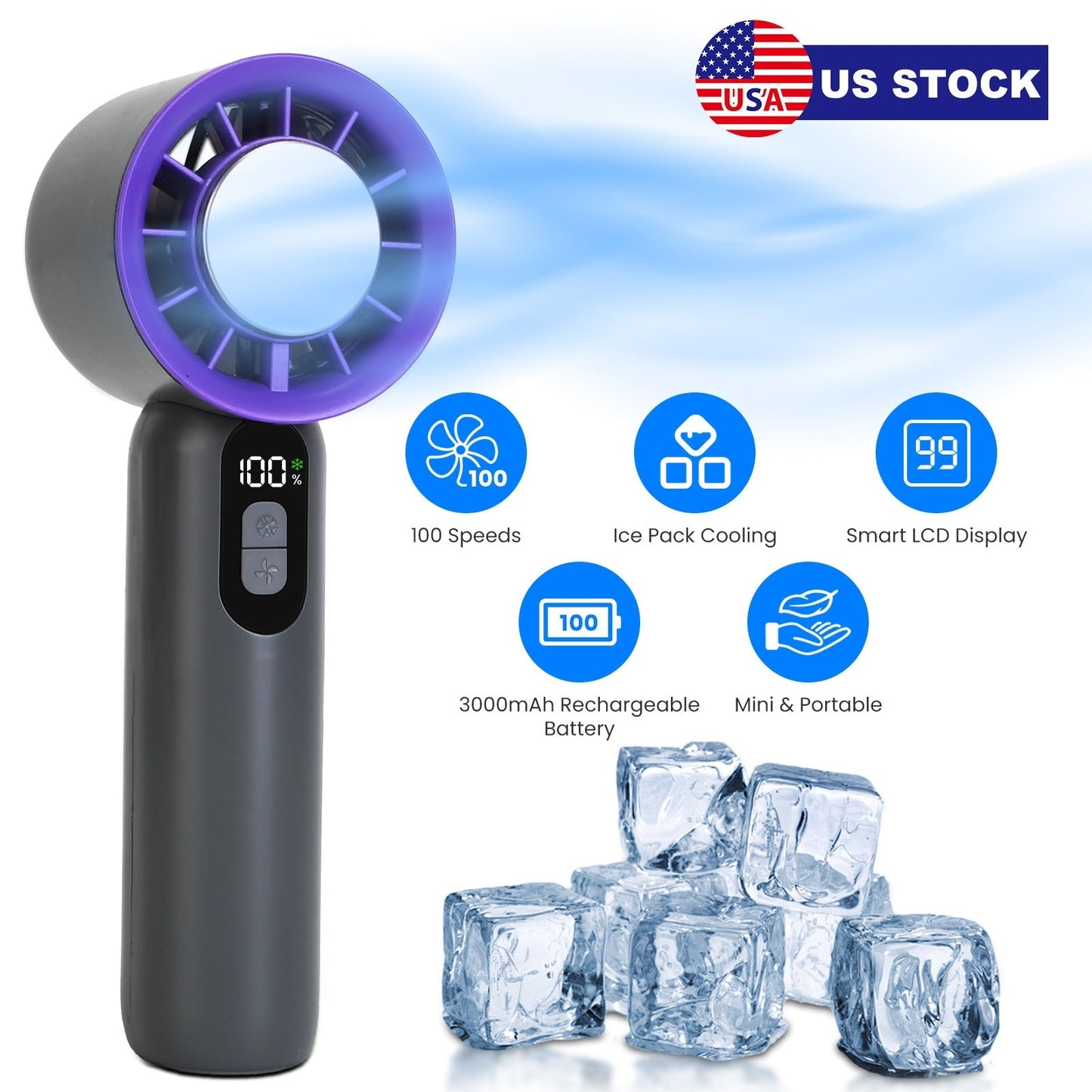 Ventilateur portable à main 100 vitesses avec refroidisseur à glace - Rechargeable et portable
