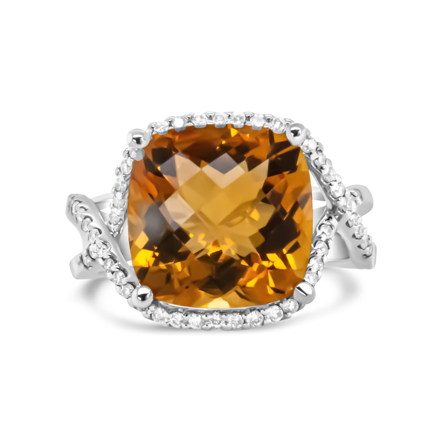 Bague en or blanc 14K avec citrine jaune taille coussin et diamants - Taille 6.5