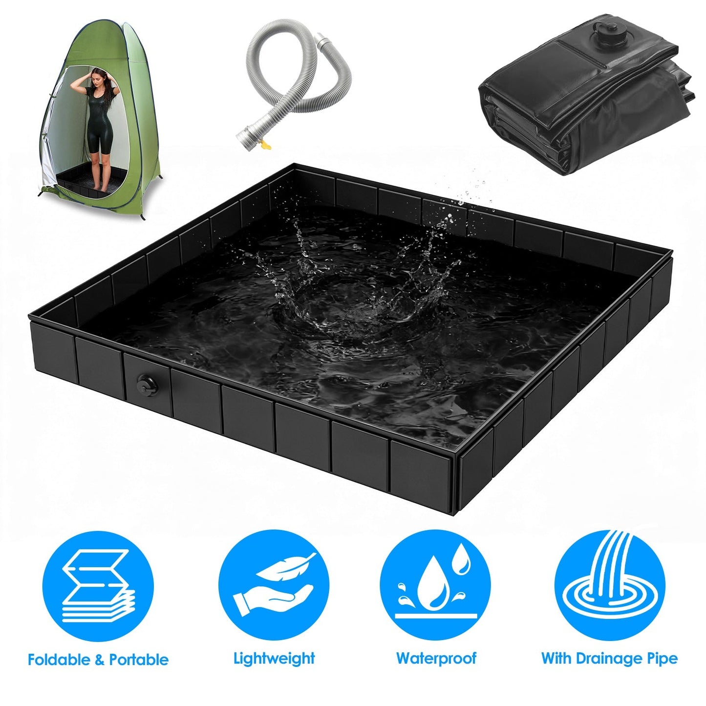 Portable Shower Pan - 41x41in Collapsible Basin for Outdoor Use