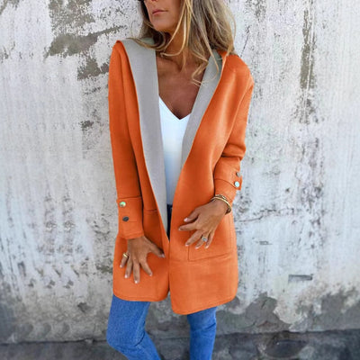 Elegant Women's Hooded Contrast Color Cardigan Coat
