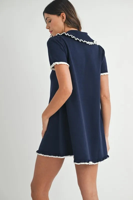 Ruffle Trimmed Collar Fine Knit Mini Dress for Women
