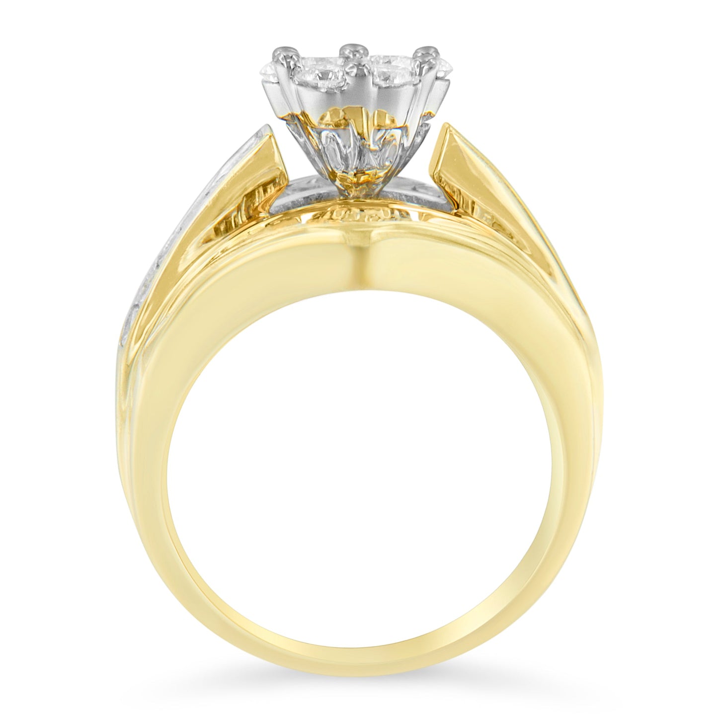 Ensemble de Bagues de Fiançailles en Or Jaune 14K avec Diamants en Cluster en Forme de Chevron - Tai