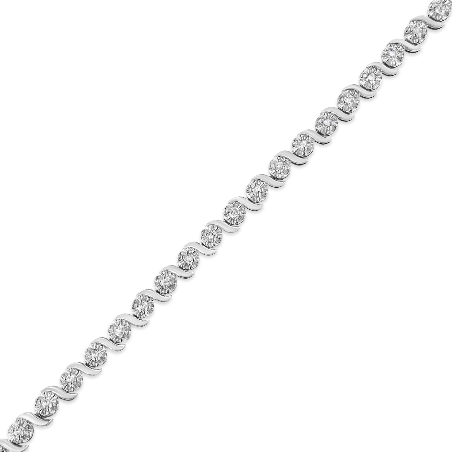 .925 Sterling Silver Diamond Spiral Wave Tennis Bracelet