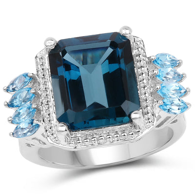 Anillo de Topacio Azul de Londres y Topacio Azul Suizo de 8.17 Quilates
