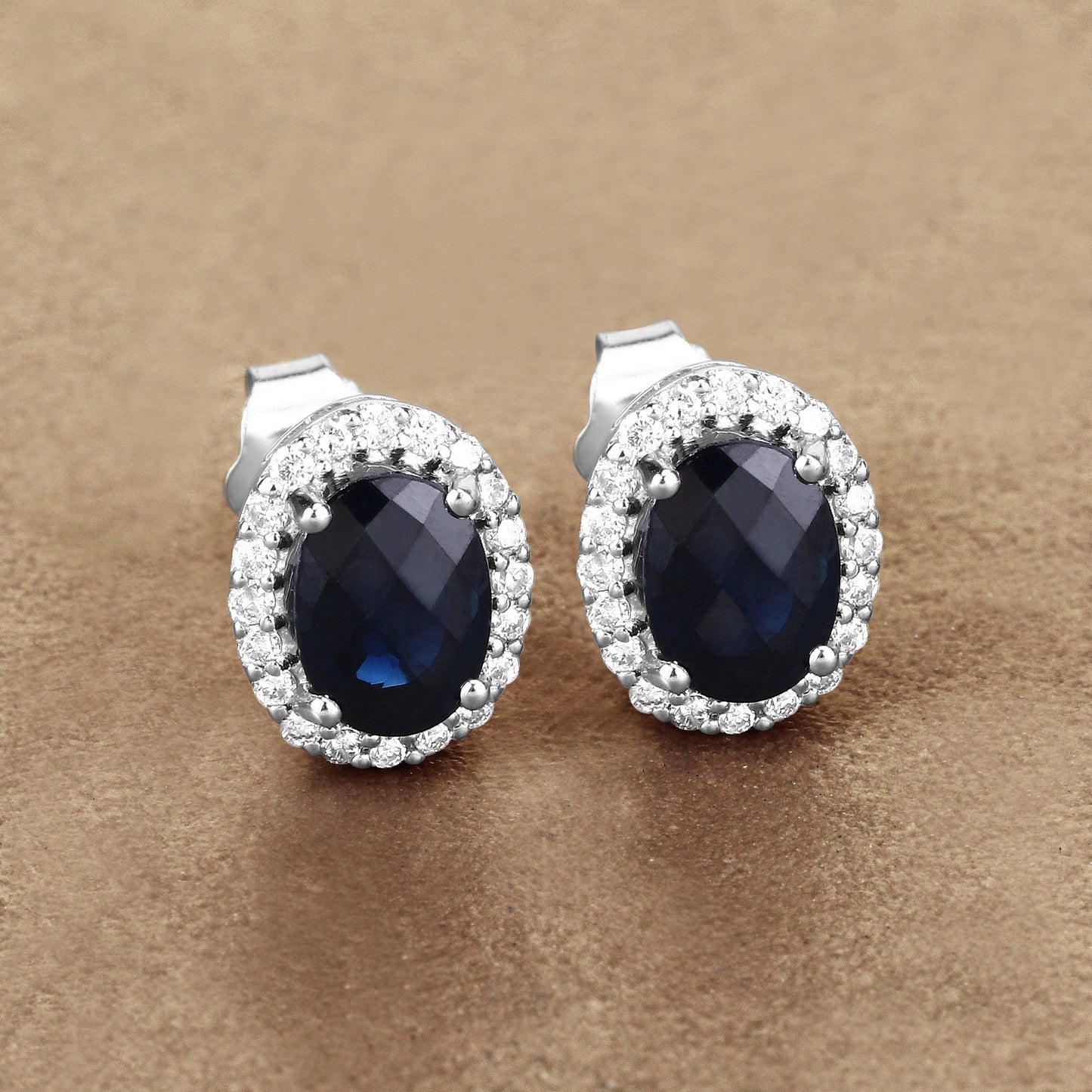2.16 Carat Blue Sapphire and Diamond Halo Earrings in 14K White Gold