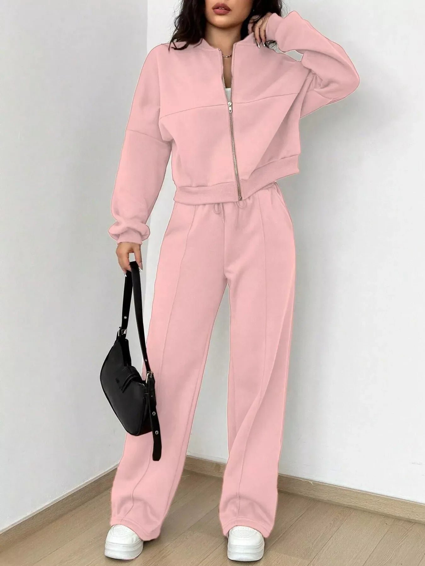 Ensemble de Veste Zippée en Couleur Unie et Pantalons à Jambes Larges