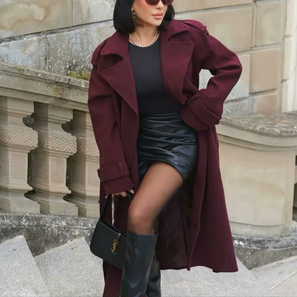 Manteau Maxi à Revers Bordeaux Élégant