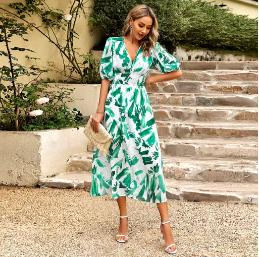 Vestido Largo de Manga Corta con Estampado y Escote en V para Verano