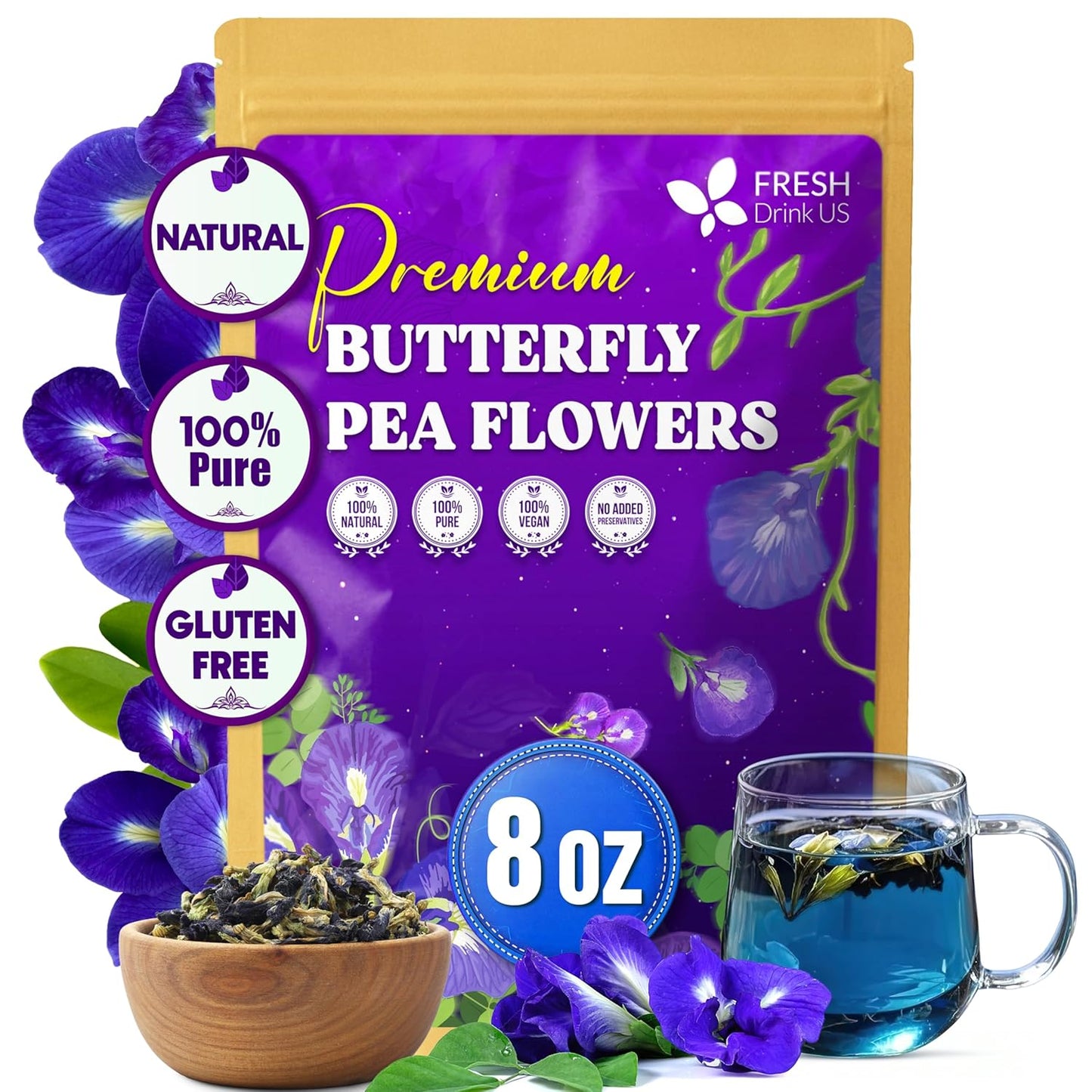 Té de flores de guisante mariposa premium en bolsitas, 100 % natural y puro, hecho a mano con materiales naturales (fibra de maíz), sin azúcar, cafeína ni gluten. 