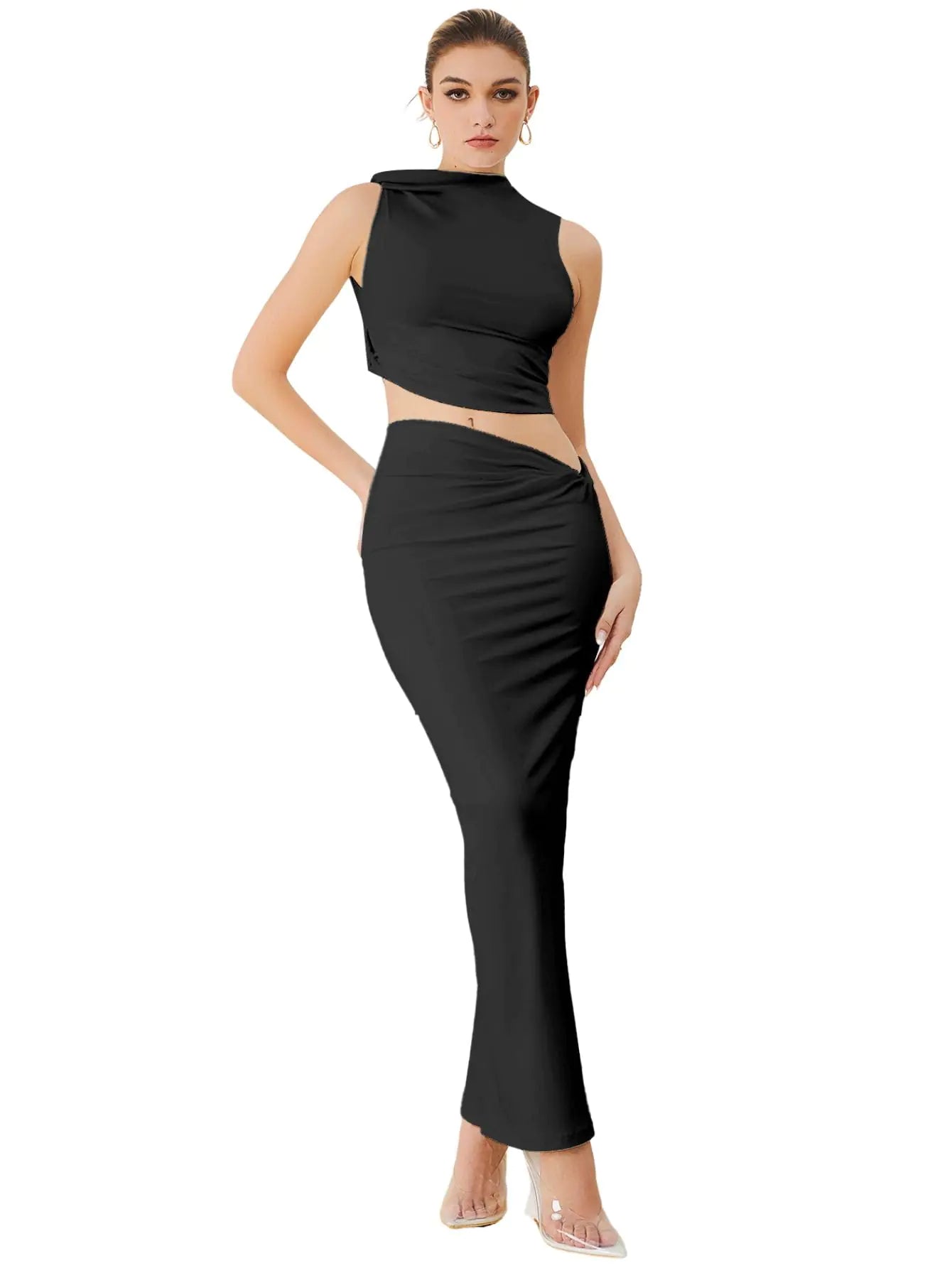 Verdusa Women's Two Piece Mock Neck Top and Maxi Skirt Set - Black
