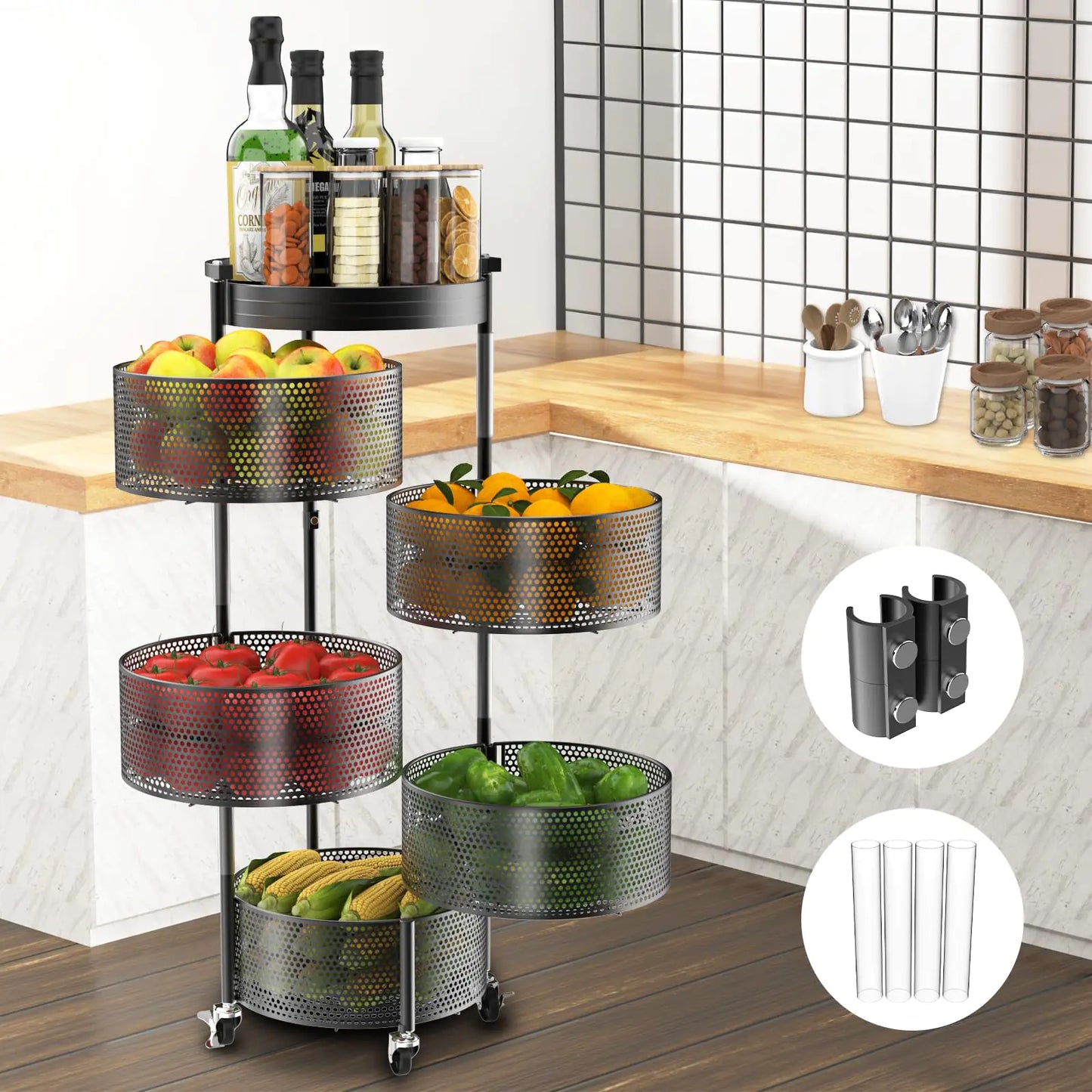 Amundo 5-Tier Rotating Storage Rack with Metal Top Lid