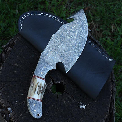 Premium Full Tang Handmade Raindrop Damascus Steel Guthook Skinner Knife - Korvel