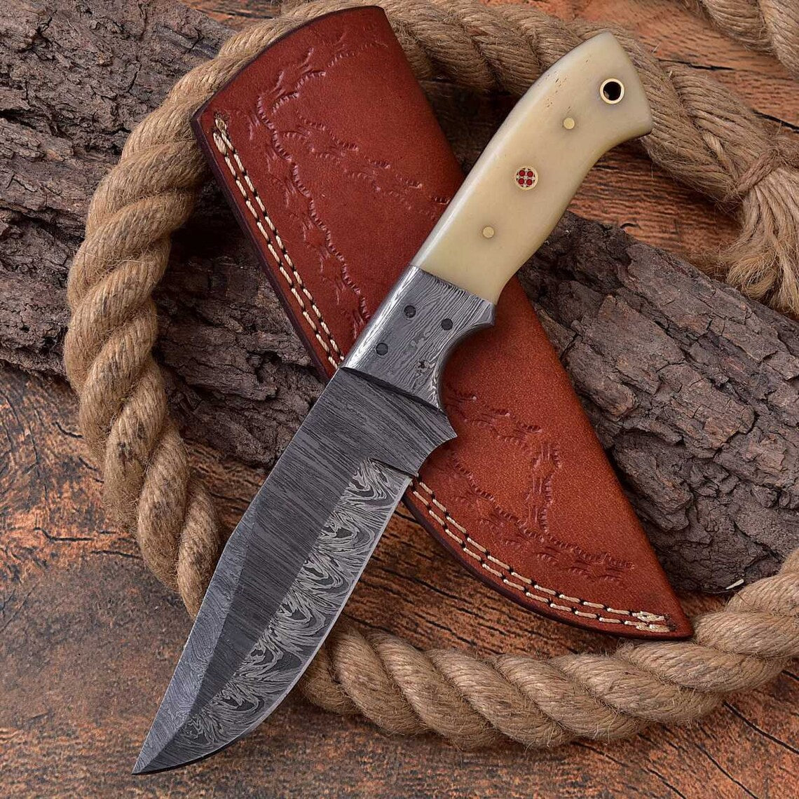 Artisan Crafted Hunting Knife with Damascus Steel Blade & Bone Handle - 9 Inch - Korvel