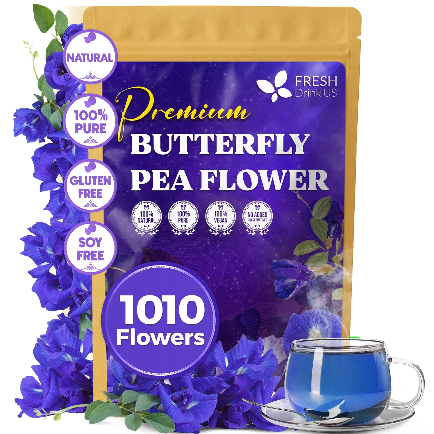 Premium Butterfly Pea Flowers, Tea Bags, 100% Natural and Pure from Butterfly Pea Flowers, Hand-made, Made With Natural Materials-Corn Fiber Tea Bag, Sugar/Caffeine/Gluten Free - Korvel