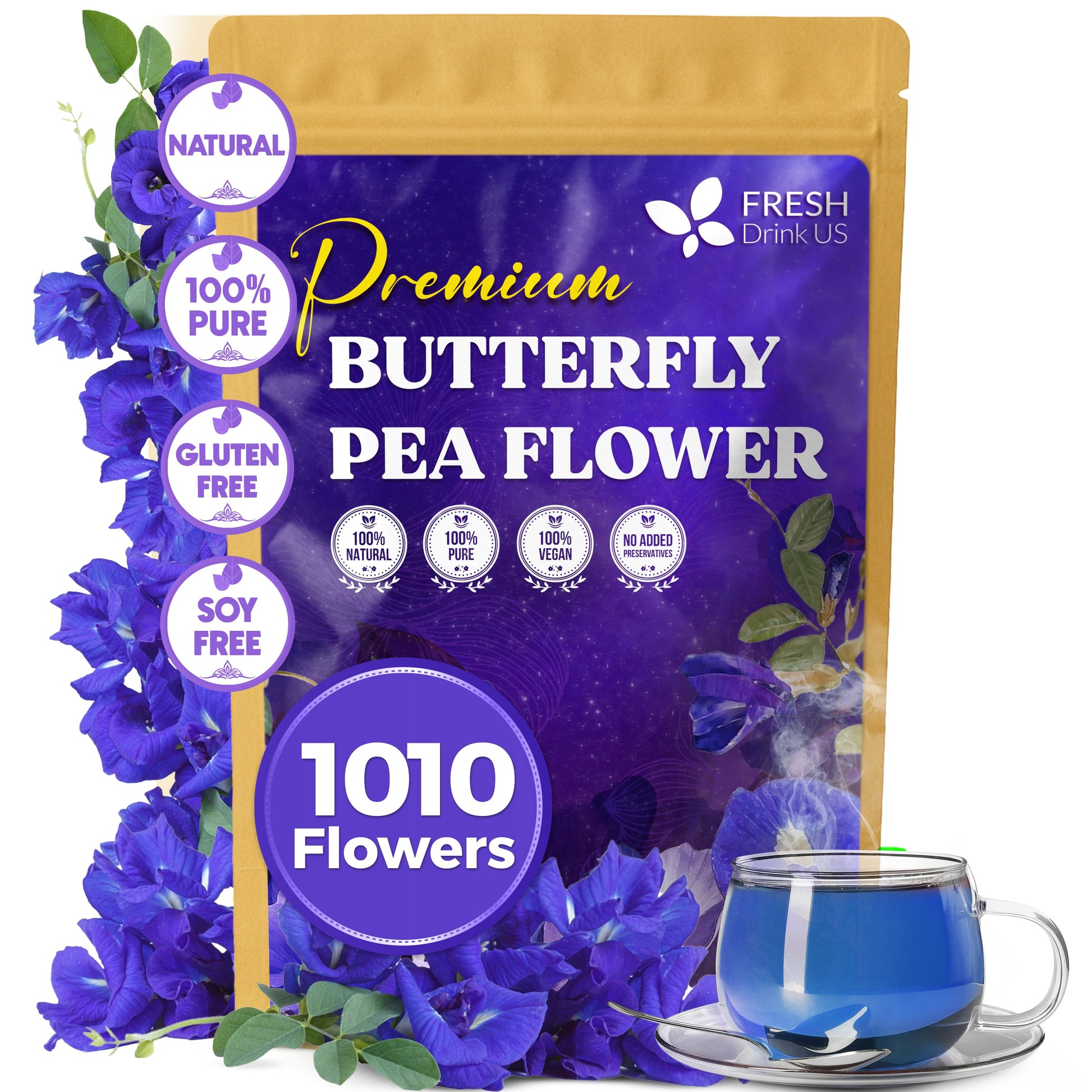 Premium Butterfly Pea Flowers, Tea Bags, 100% Natural and Pure from Butterfly Pea Flowers, Hand-made, Made With Natural Materials-Corn Fiber Tea Bag, Sugar/Caffeine/Gluten Free - Korvel