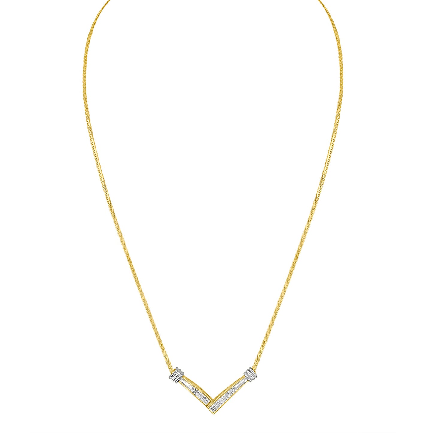 Collar de Pendiente en Forma de V con Diamantes de Corte Princesa de Oro de 14K