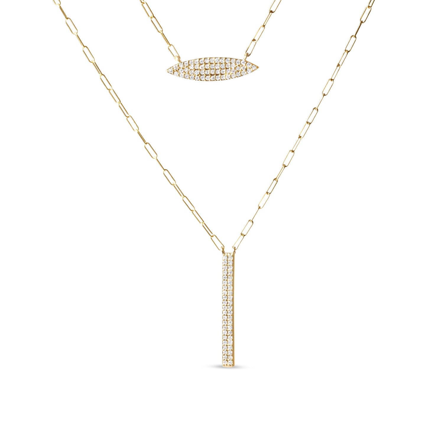 Collier à charms en marquise et barre à deux brins en or jaune 14K