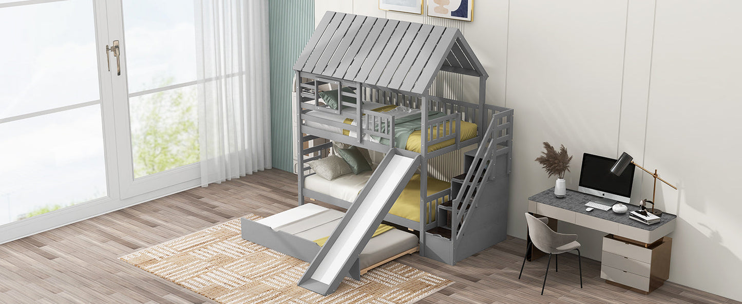 Lit superposé jumeau sur jumeau avec trundle et toboggan - Gris