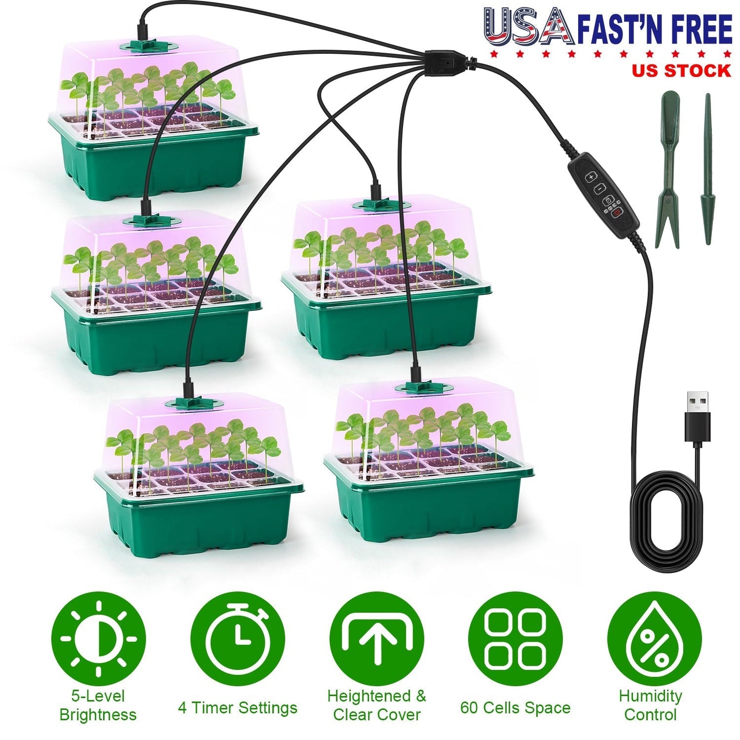5-Pack Seed Starter Tray with Grow Light and Humidity Dome