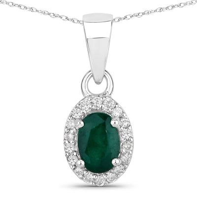 0.81 Carat Genuine Zambian Emerald and White Diamond Pendant in 14K White Gold