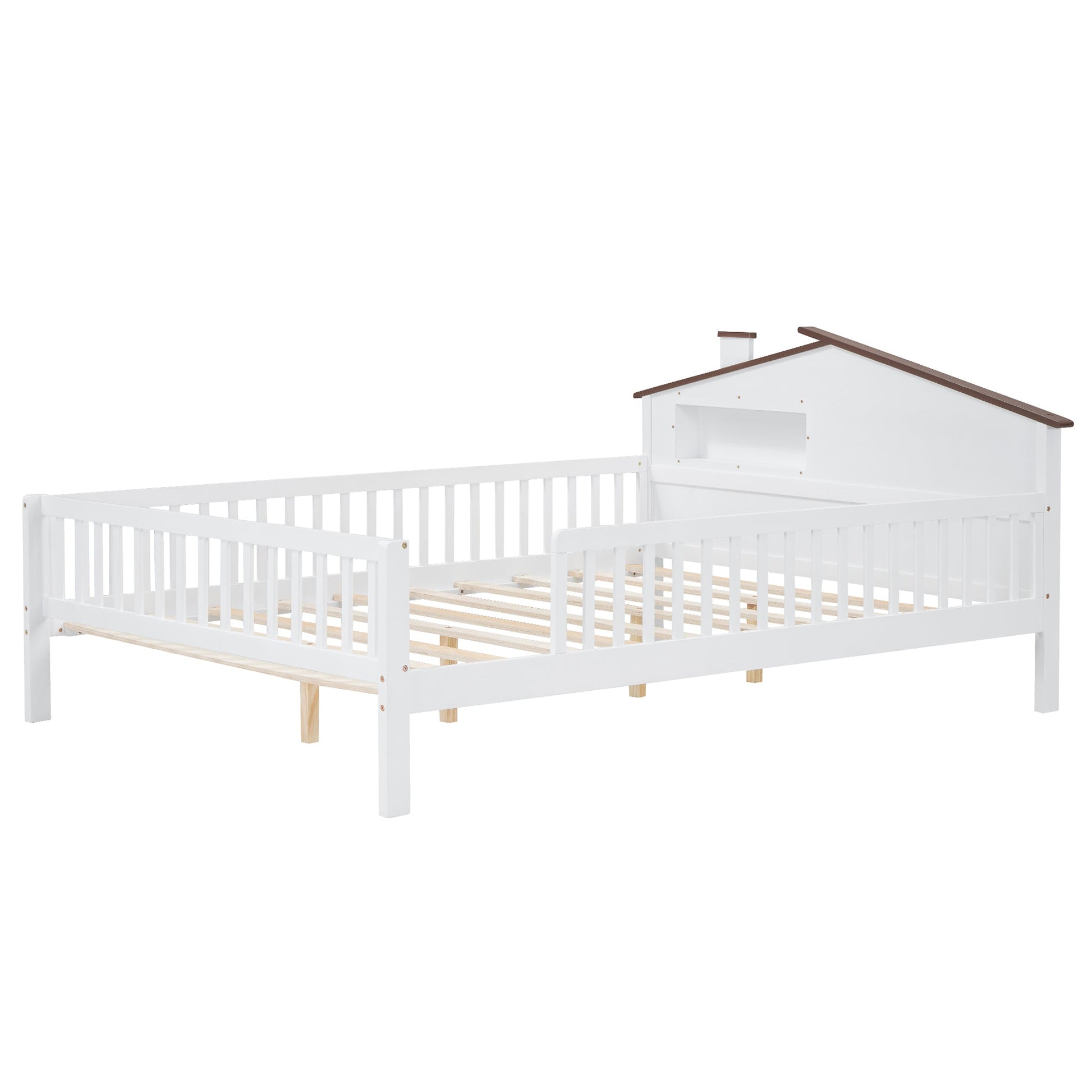 Full Size Wood Platform Bed with House-shaped Headboard, LED and Built-in Storage, White - Korvel