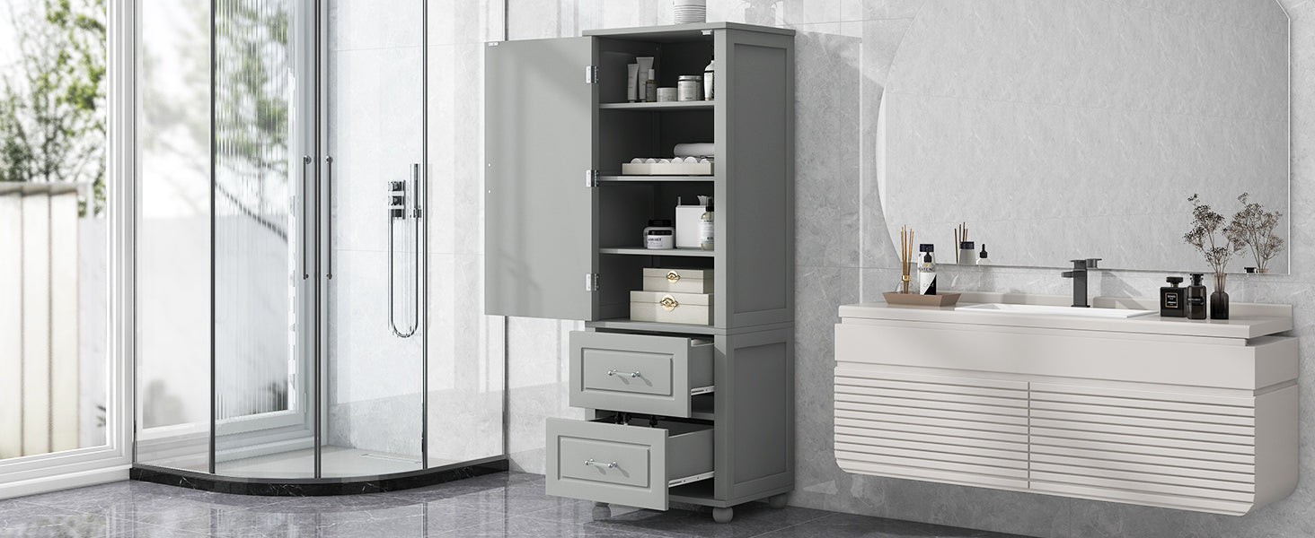 Tall Bathroom Storage Cabinet, Freestanding Storage Cabinet with Two Drawers and Adjustable Shelf, MDF Board , Grey - Korvel