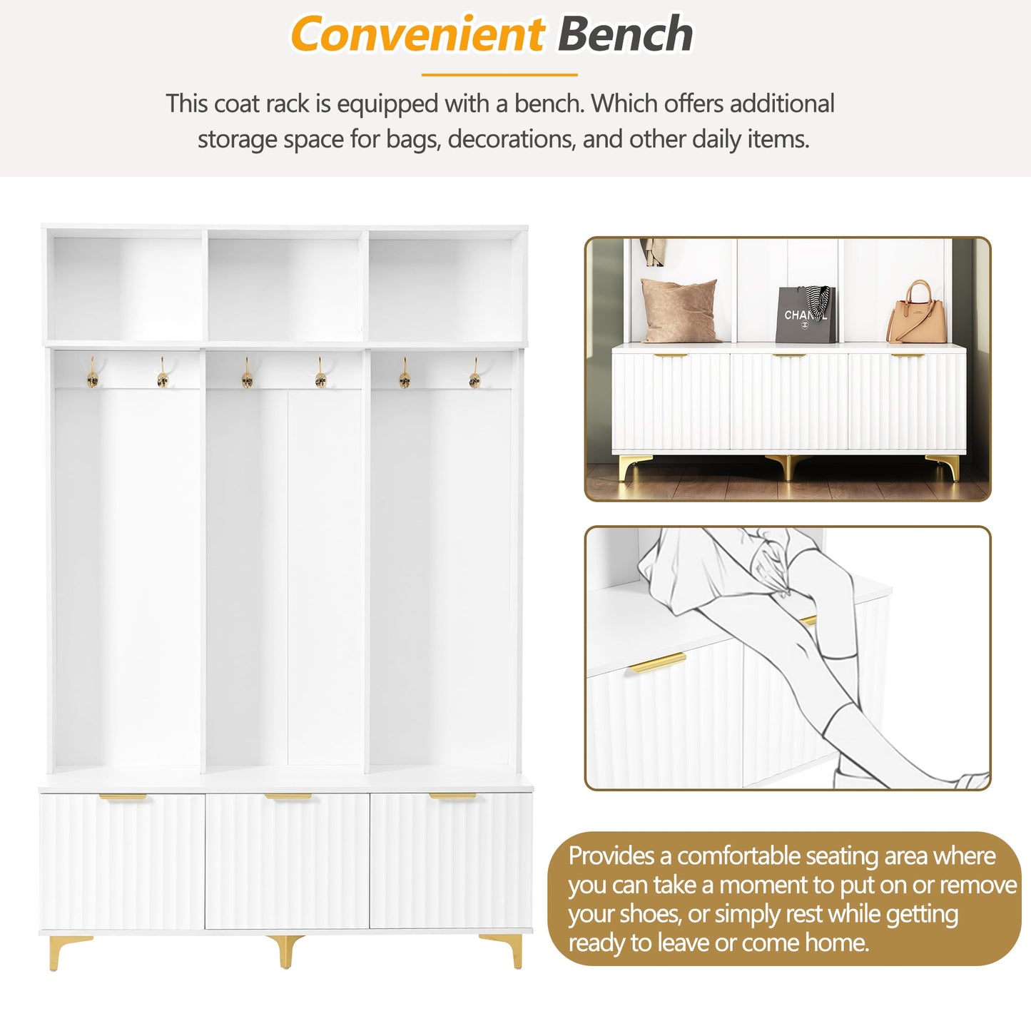 Large storage hall tree with bench, multifunctional storage platform, luxury clothes hanger equipped with 6 gold hooks - Korvel