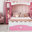 Lit jumeau en bois en forme de château avec étagère de rangement en rose et blanc