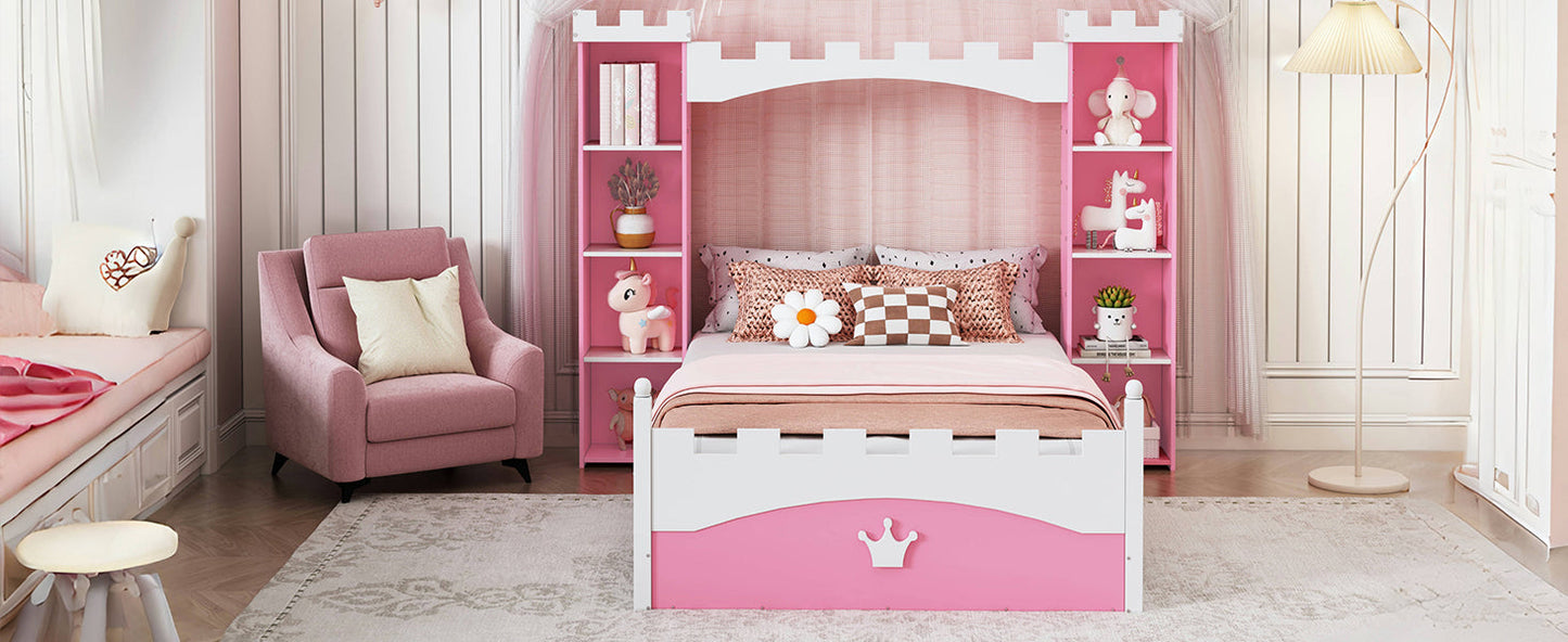 Lit jumeau en bois en forme de château avec étagère de rangement en rose et blanc