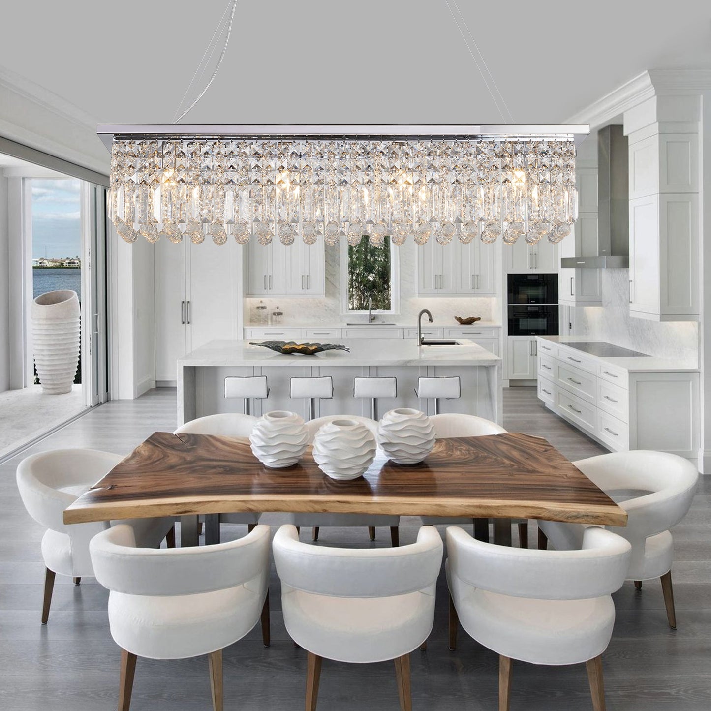 Modern Crystal Chandelier for Dining Room 8-Light White Rectangle Raindrop L39.4'' x W9.8'' x H8.7'(Bulb Not Included) - Korvel