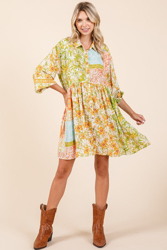 Floral Button Detail Long Sleeve Shirt Dress for Women