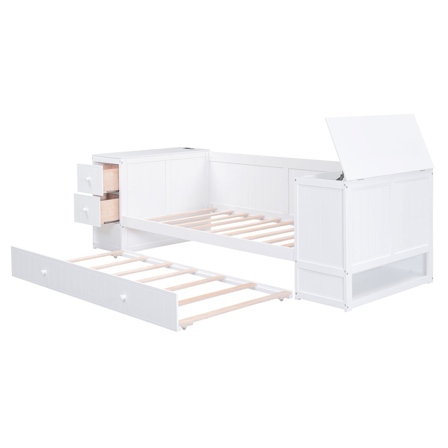 Twin Size Daybed with Storage Arms  Trundle and Charging Station White - Korvel