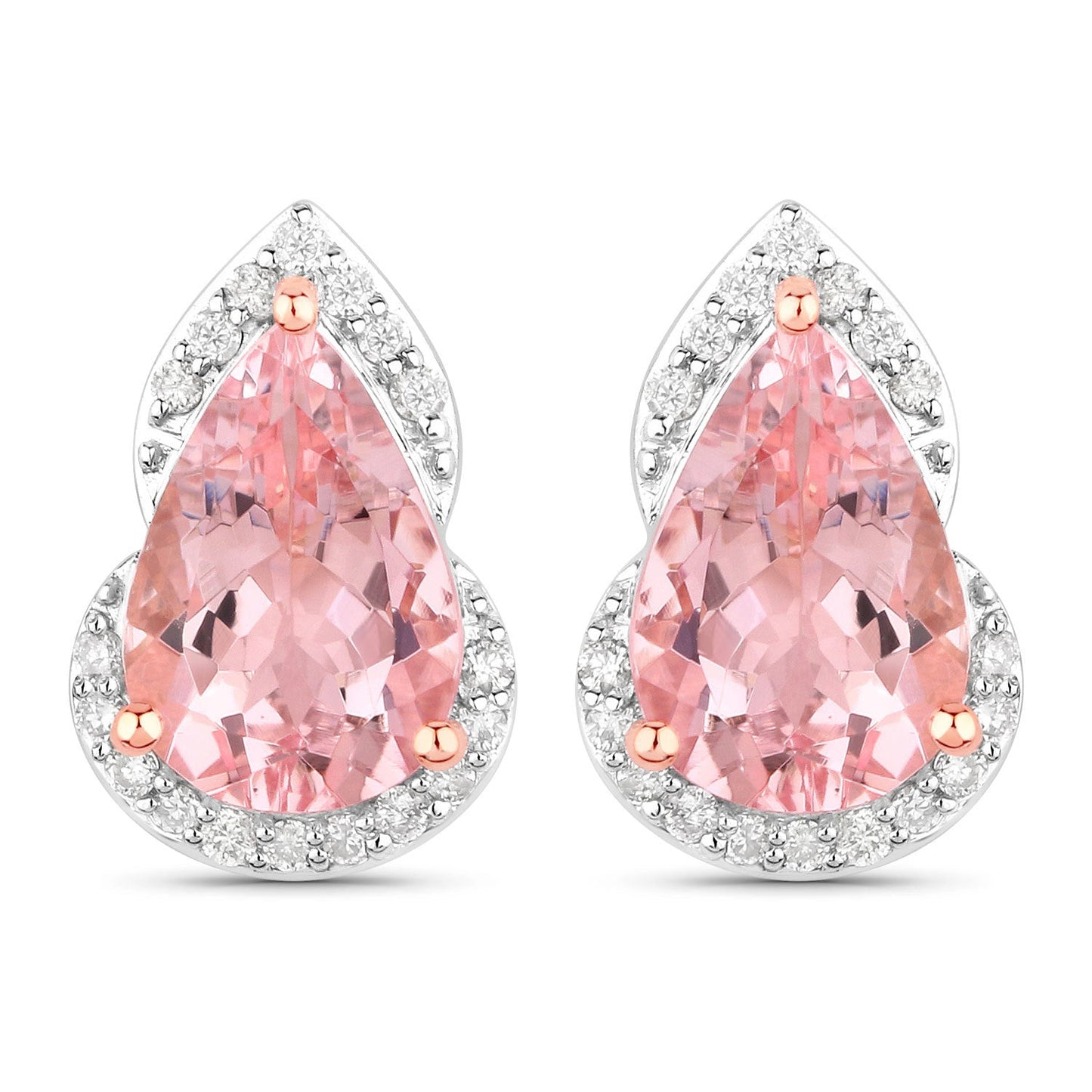 Boucles d'oreilles en or rose 14K avec morganite véritable de 2,37 carats et diamants blancs