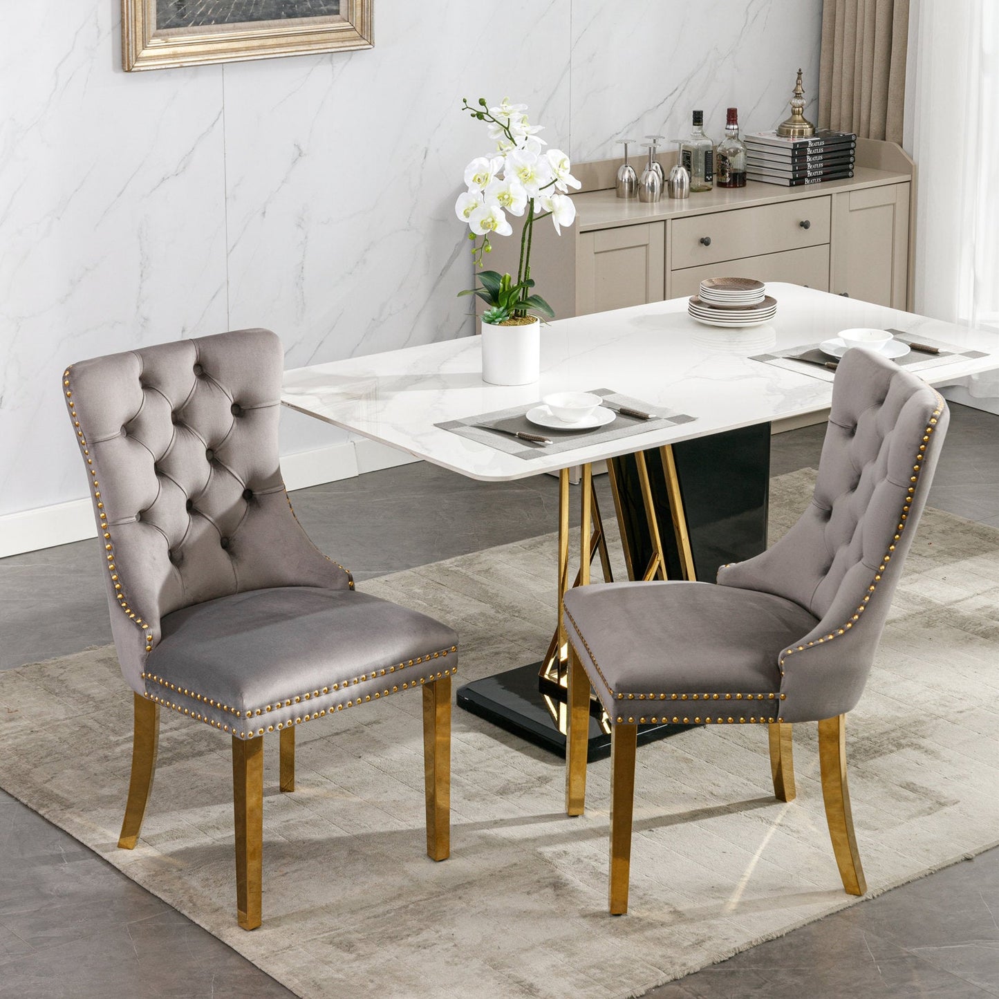 Tufted solid wood velvet cushioned dining chair, gold-plated stainless steel nail leg heads, 2 pieces in gray and gold - Korvel
