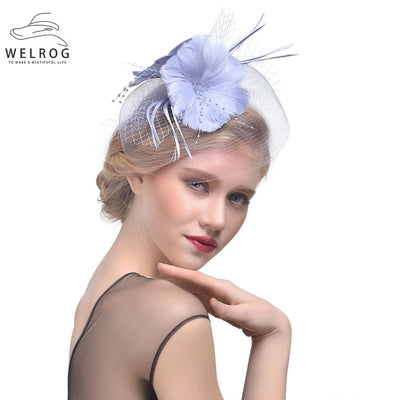 WELROG Feather Cap Lady Cocktail Dinner Party Fedoras Wedding Bridal Mesh Veil Hats Vintage Sombreros Chapeau Fascinators Hat - Korvel