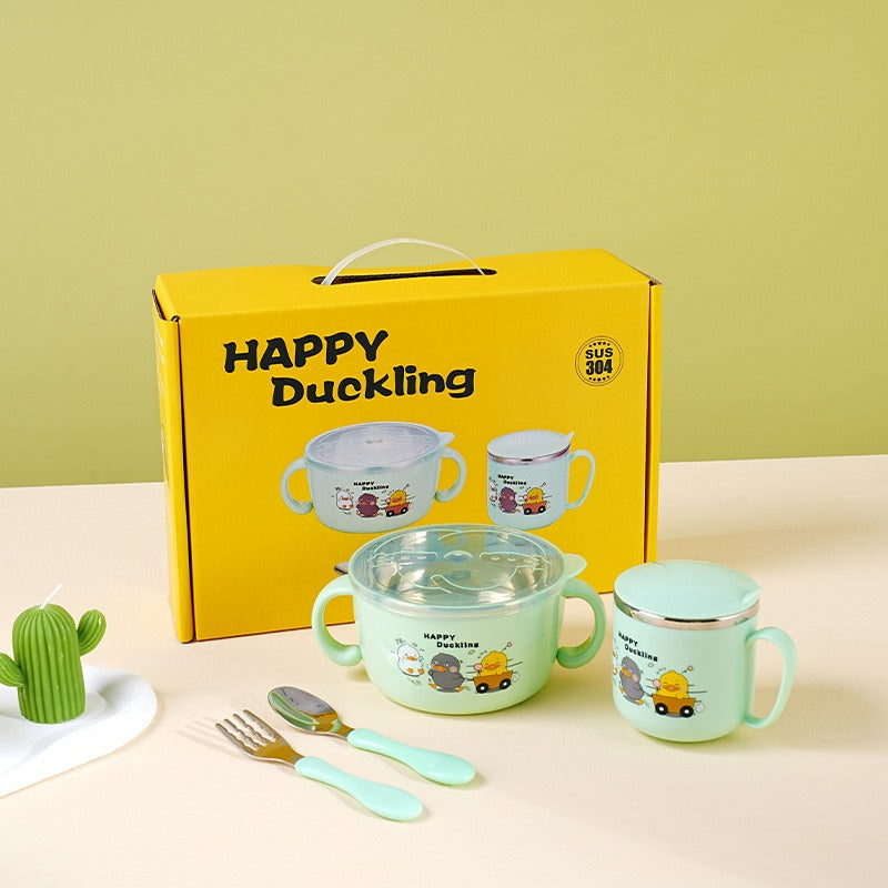304 stainless steel children's tableware set cute baby food bowl stainless steel tableware children's water cup - Korvel
