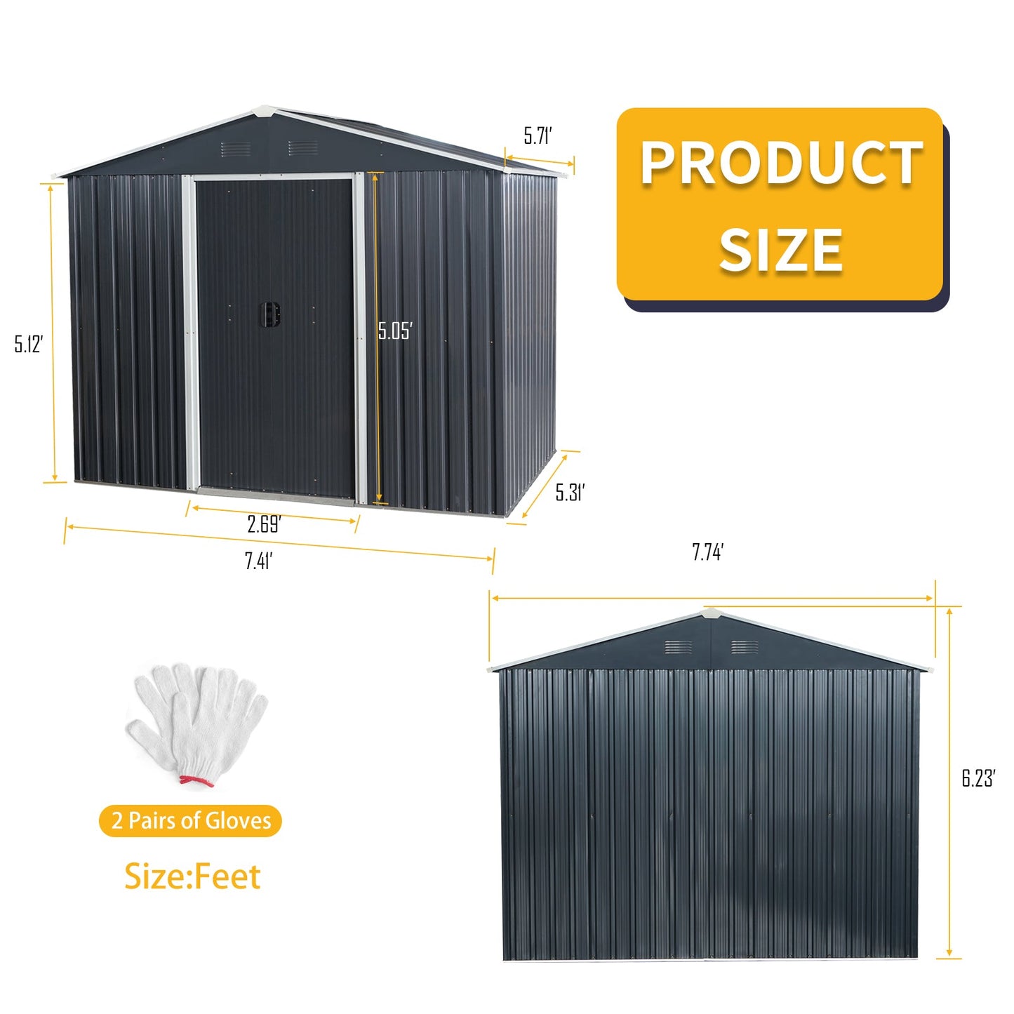 8ft x 6ft Outdoor Metal Storage Shed with Floor Base Black - Korvel