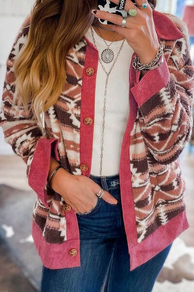 Retro Geometric Print Corduroy Trim Button-Up Jacket