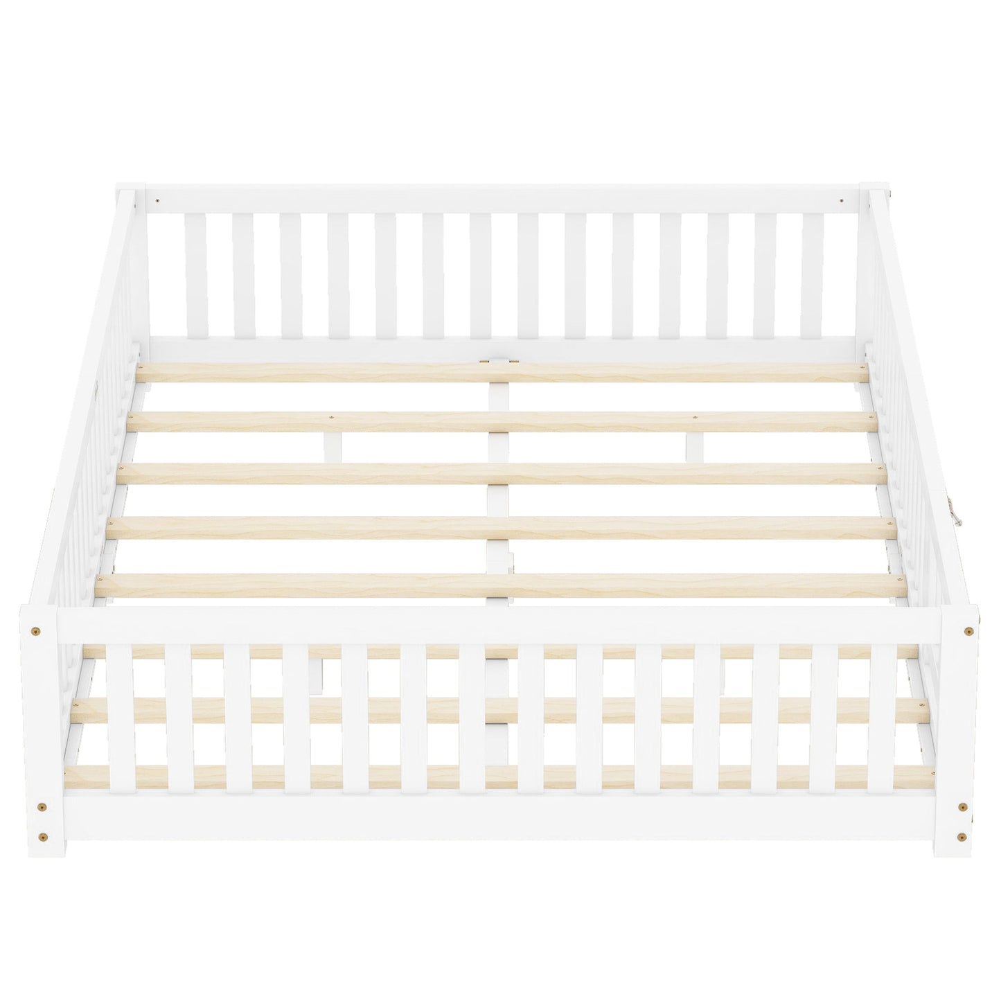 Queen Size Bed Floor Bed with Safety Guardrails and Door for Kids, White - Korvel