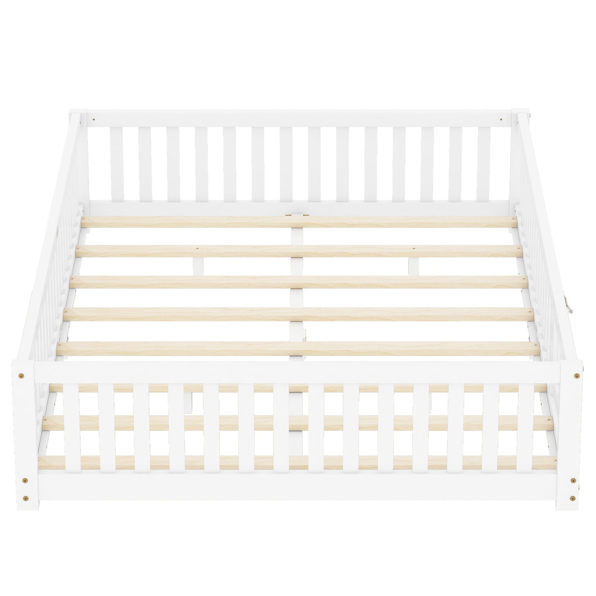 Queen Size Bed Floor Bed with Safety Guardrails and Door for Kids, White - Korvel