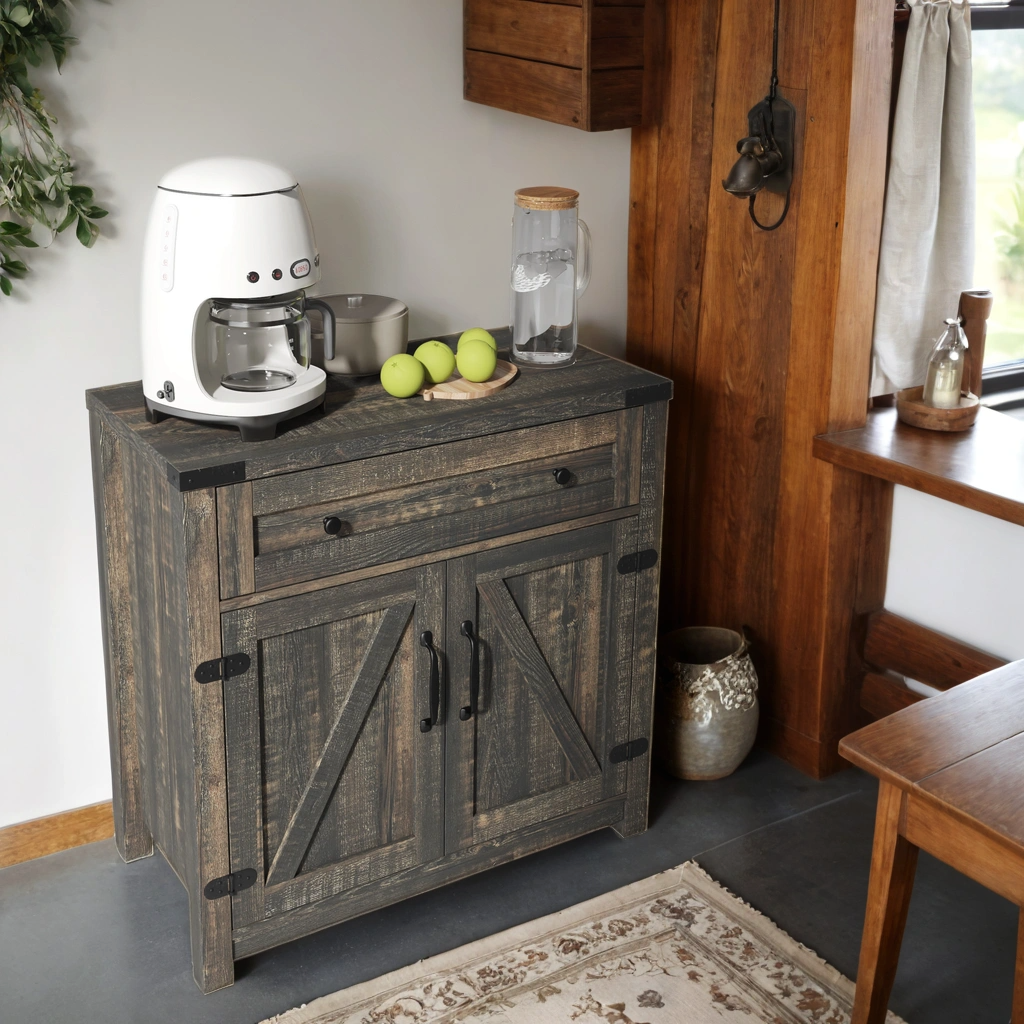 Modern Farmhouse Double Barn Door Accent Cabinet, 30 Inch,BLACK PINE - Korvel