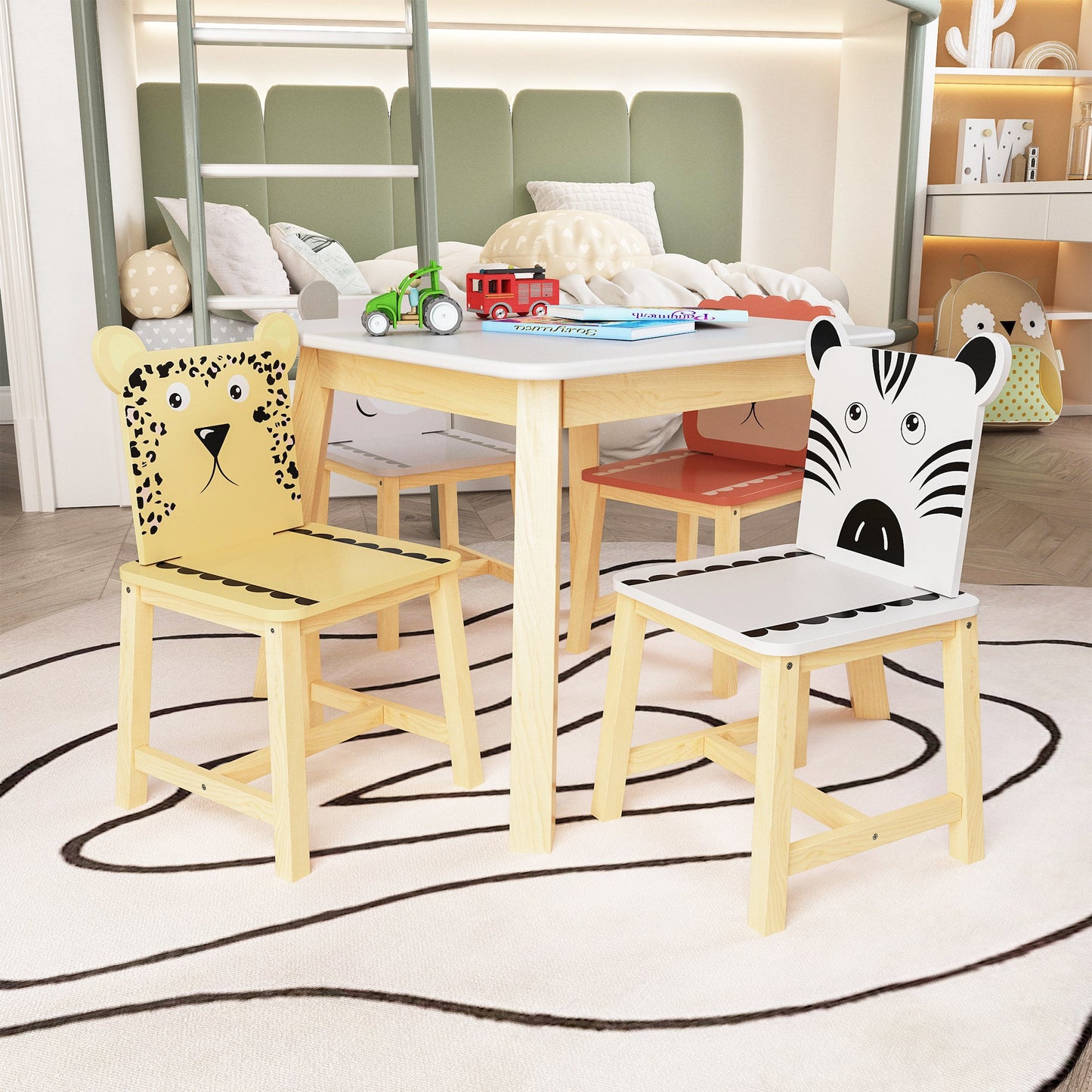 Juego de Mesa y Sillas para Niños de 5 Piezas - Mesa de Madera para Niños con 4 Sillas de Dibujos An