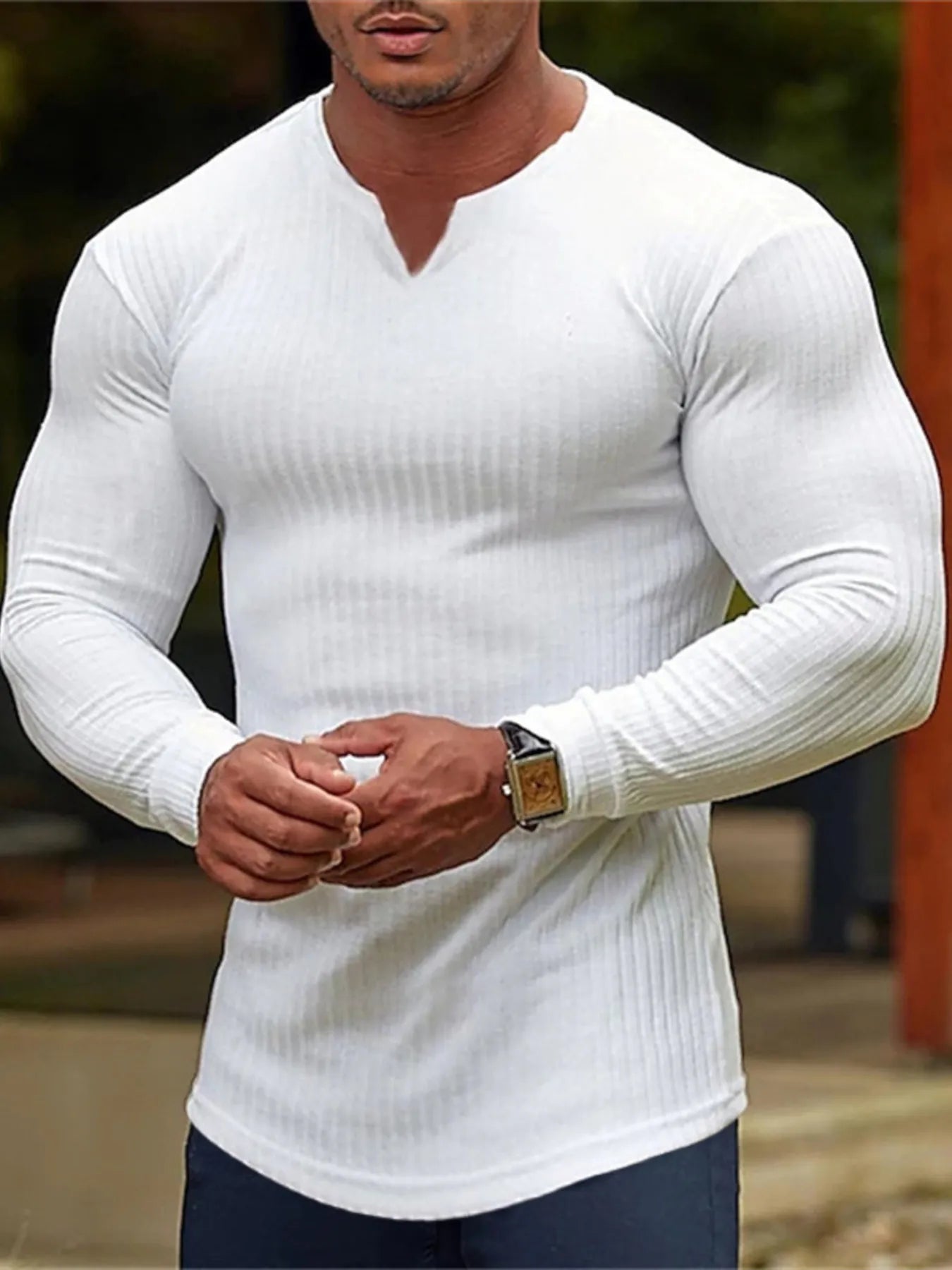 Camiseta de manga larga deportiva de talla grande para hombre con cuello notch