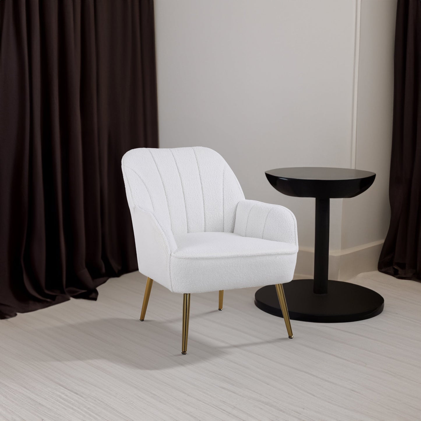 Modern soft white Teddy fabric ivory chair with ergonomic features featuring gold legs and adjustable legs - Korvel