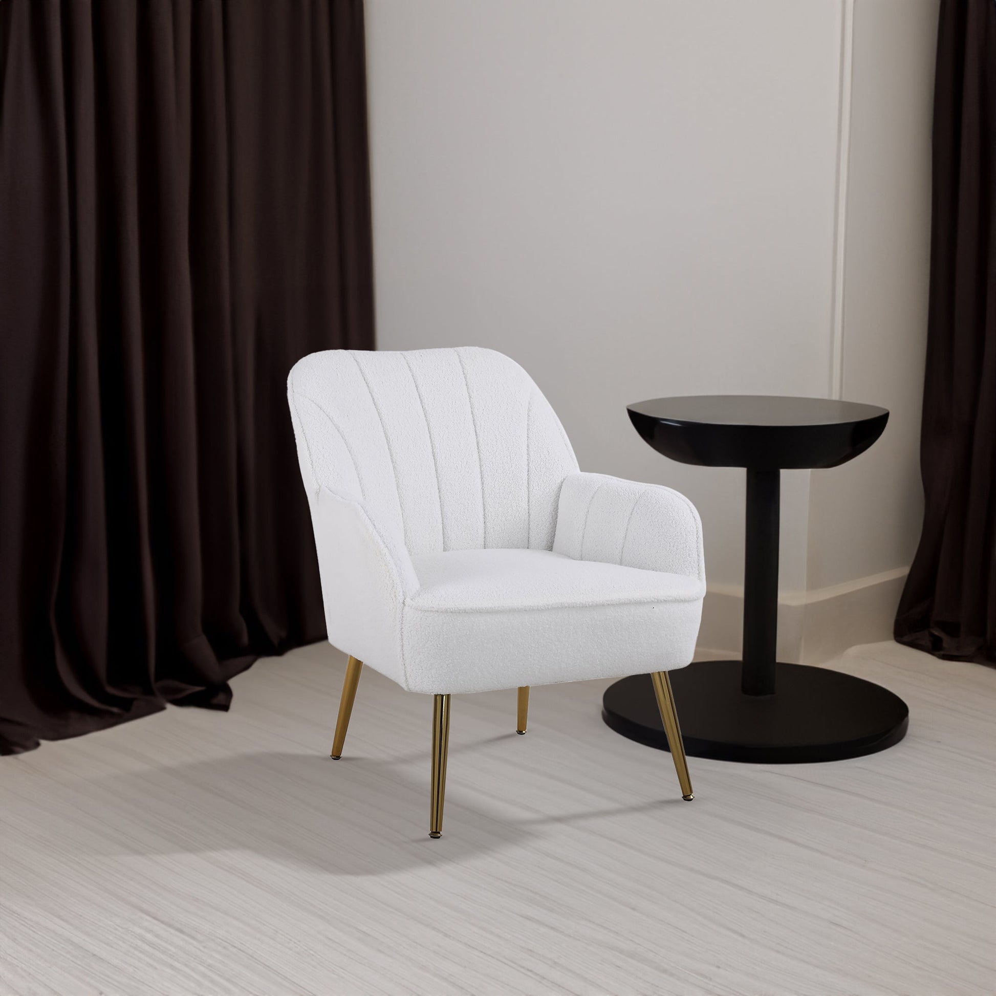 Modern soft white Teddy fabric ivory chair with ergonomic features featuring gold legs and adjustable legs - Korvel